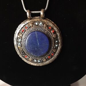 Bajalia Genuine Lapis Lazuli Statement Piece Handmade Pendant w/Silvertone Chain